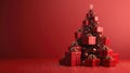 Festive Gift Box Christmas Tree on Red Background with Presents and Bows - 3D Rendered AI Generated Image Royalty Free Stock Photo