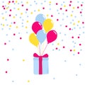 Festive gift box flies tied to bundle of balloons among colored confetti. Royalty Free Stock Photo