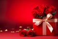 Festive gift box with a white ribbon and bow and beautiful roses on red banner background with empty copy space for text Royalty Free Stock Photo
