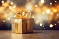Festive Gift Box on Wood Table with Bokeh Star Background, Ai Generated