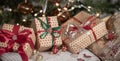 Festive gift boxes under the Christmas tree, close-up. Royalty Free Stock Photo