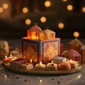 Festive gift on tray with lit candles, smudged background Sides. Diwali, the dipawali Indian festival of light Royalty Free Stock Photo