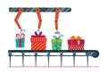 Festive gifts conveyor. Magic factory packs gifts boxes for merry christmas and happy new year greetings. Flat