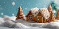 festive gingerbread house covered in white icing and powdered sugar snow Royalty Free Stock Photo