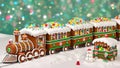 Festive Gingerbread Train Decorated with Candy on Snowy Track Against Bokeh Lights Royalty Free Stock Photo