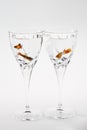 Festive glasses with floating live fish on white background Royalty Free Stock Photo