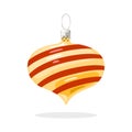 Festive glossy yellow decoration with red diagonal stripes and sharp corner. Christmas tree ball.