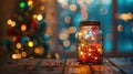 Festive Glow: Christmas Lights in Decorative Jar on Wooden Table with Defocused Background