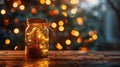 Festive Glow: Christmas Lights in Decorative Jar on Wooden Table with Defocused Background