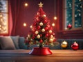 Festive Glow: Christmas Tree Lights, Red Christmas Tree on Table. Royalty Free Stock Photo