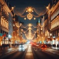 Festive Glow: City Street Adorned with Christmas Lights.