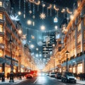 Festive Glow: City Street Adorned with Christmas Lights.