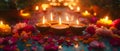 Festive Glow: Diwali Lamps Amidst Floral Delight. Concept Diwali Lamps, Festive Decor, Floral