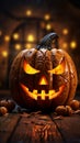 Festive glow jack o lantern pumpkin head on wood backdrop evokes Halloween spirit