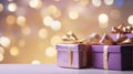 Festive Glow: Lilac and Golden Shiny Gift Boxes with Warm Bokeh Lights. Generative ai