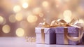 Festive Glow: Lilac and Golden Shiny Gift Boxes with Warm Bokeh Lights. Generative ai