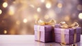 Festive Glow: Lilac and Golden Shiny Gift Boxes with Warm Bokeh Lights. Generative ai