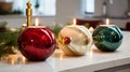 Festive Glow: Vibrant Holiday Candle Trio Illuminating a Modern Kitchen