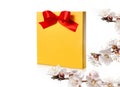 Festive gold box with a red bow on a white background Royalty Free Stock Photo