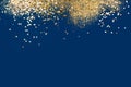 Festive gold confetti on classic blue background.