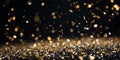 Festive Gold And Silver Confetti Falling Against Dark Black Background Texture Royalty Free Stock Photo