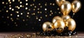 Festive golden and black metallic balloons with confetti on blurred background for events