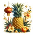 A festive golden pineapple, surrounded by mei hwa flower petals and fruits, red chinese lantern, cute, white background Royalty Free Stock Photo