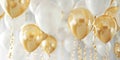Festive golden and white balloons with golden ribbons on white background. Celebration, party, and decoration concept Royalty Free Stock Photo