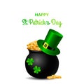 Festive green banner or St. Patrick`s Day greeting card. Traditional symbols are a pot of gold coins, clover leaves Royalty Free Stock Photo