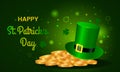 Festive green banner or St. Patrick`s Day greeting card. Traditional symbols are a pot of gold coins, clover leaves Royalty Free Stock Photo