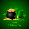 Festive green banner or St. Patrick`s Day greeting card. Traditional symbols are a pot of gold coins, clover leaves Royalty Free Stock Photo