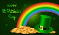 Festive green banner or St. Patrick`s Day greeting card. Traditional symbols are a pot of gold coins, a rainbow and clover leaves Royalty Free Stock Photo