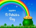 Festive green banner or St. Patrick`s Day greeting card. Traditional symbols are a pot of gold coins, a rainbow and clover leaves Royalty Free Stock Photo