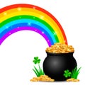 Festive green banner or St. Patrick`s Day greeting card. Traditional symbols are a pot of gold coins, a rainbow and clover leaves Royalty Free Stock Photo