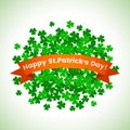 Festive green banner or St. Patrick`s Day greeting card. Traditional symbols are a pot of gold coins, a rainbow and clover leaves Royalty Free Stock Photo