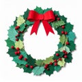 Festive Green Holly Wreath with a Bright Red Bow on White Background Royalty Free Stock Photo