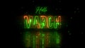 Festive Green Orange Glowing Neon Hello March Lettering With Floor Reflection Amid The Falling Clovers Royalty Free Stock Photo