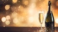Festive greeting card with bottle of champagne and a flute glass of sparkling wine warm bokeh background, copy space. New Year and