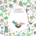 Festive greeting card with easter birds and spring trees