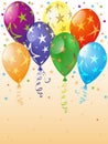 Festive greeting card with translucent balloons with stars and confetti