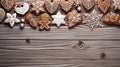 Festive greeting Christmas cookies in the shape of a heart, Christmas trees, human figures, with a white glaze pattern