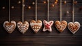 Festive greeting Christmas cookies in the shape of a heart, Christmas trees, human figures, with a white glaze pattern