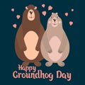 Festive Groundhog Day illustration, cute enamored groundhogs and hearts on background with text. Postcard, print