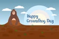 Festive Groundhog Day illustration, cute groundhog on landscape background with text. Postcard, poster