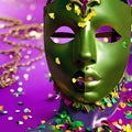 Festive grouping of mardi gras. Venetian, or carnival mask on a purple background
