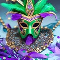 Festive grouping of mardi gras. Venetian, or carnival mask on a purple background