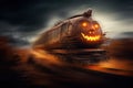 Festive Halloween crazy train rides through a fog in the night, scary Jack-O-Lantern.