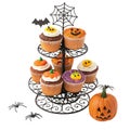 Festive Halloween Cupcake Tower with Spiderweb and Eye Candy Delights Royalty Free Stock Photo