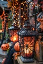 Festive Halloween Decorations with Spooky Lanterns and Pumpkins on Porch Step Amidst Autumn Leaves
