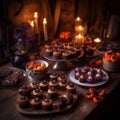 Festive Halloween Dessert Spread on Rustic Farm Table